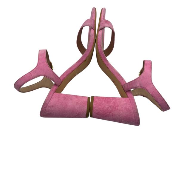 Stuart Weitzman Pink Suede Block Heel Ankle Strap Open Toe Sandal Size 7 Glam - Picture 10 of 11